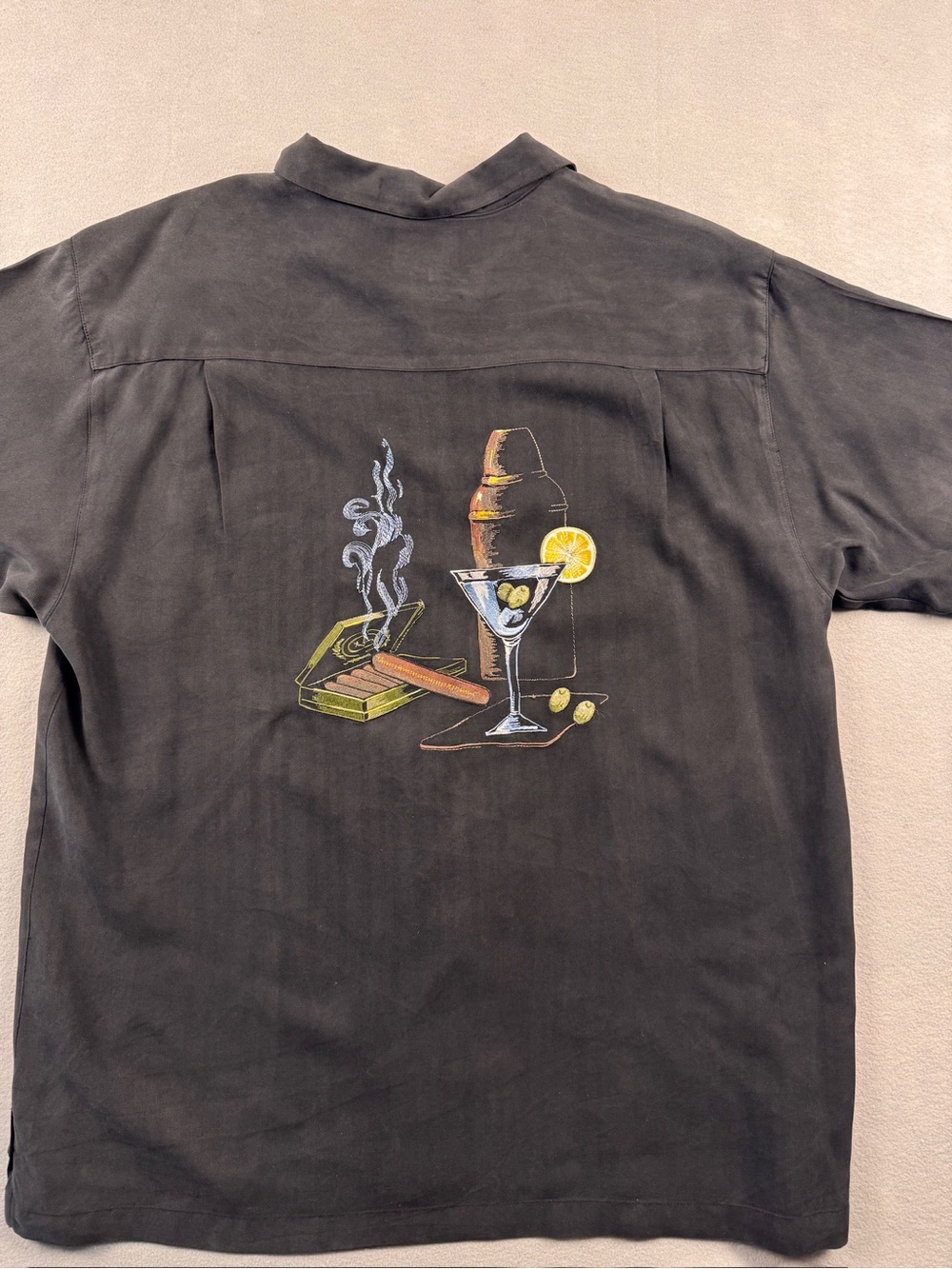Luau Fine Silk Shirt Men's Large Black Martini Cigar Embroidered Hawaiian Cuban